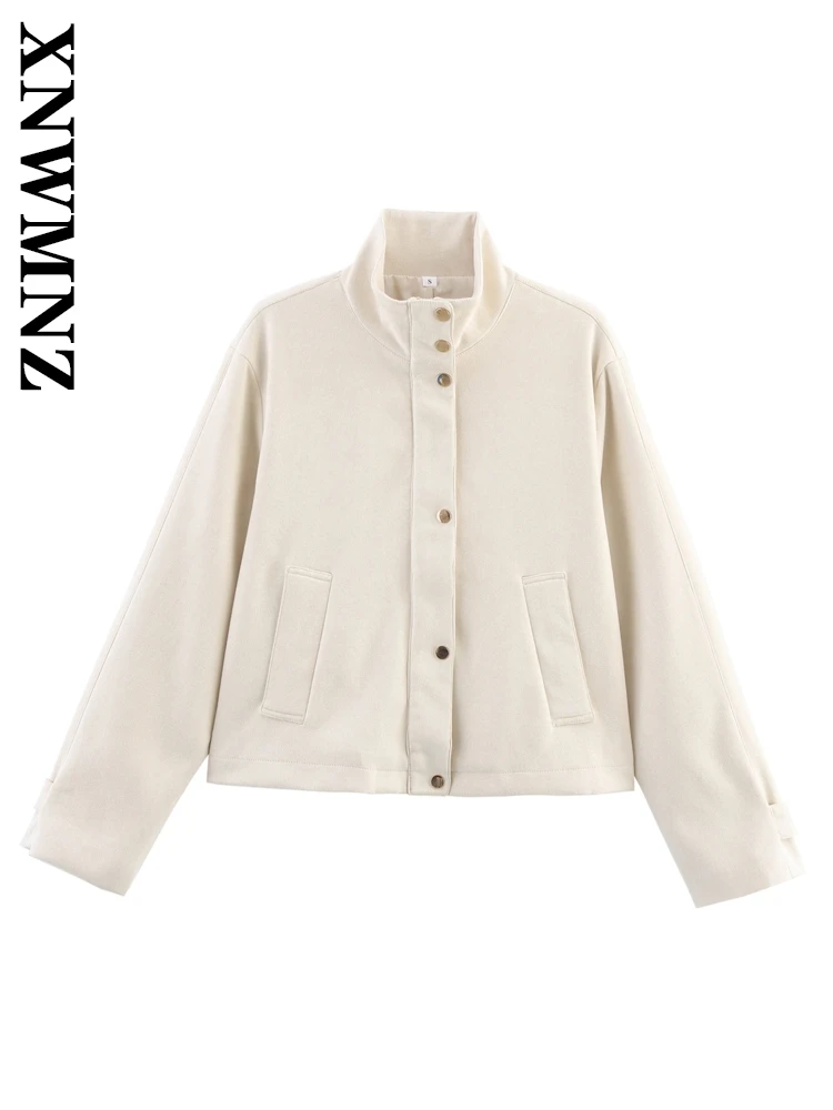 

XNWMNZ 2025 Spring New Woman's Casual Fashion Long Sleeve Suede Jacket Simple Woman khaki Stand Collar Outerwear Commuting Coat