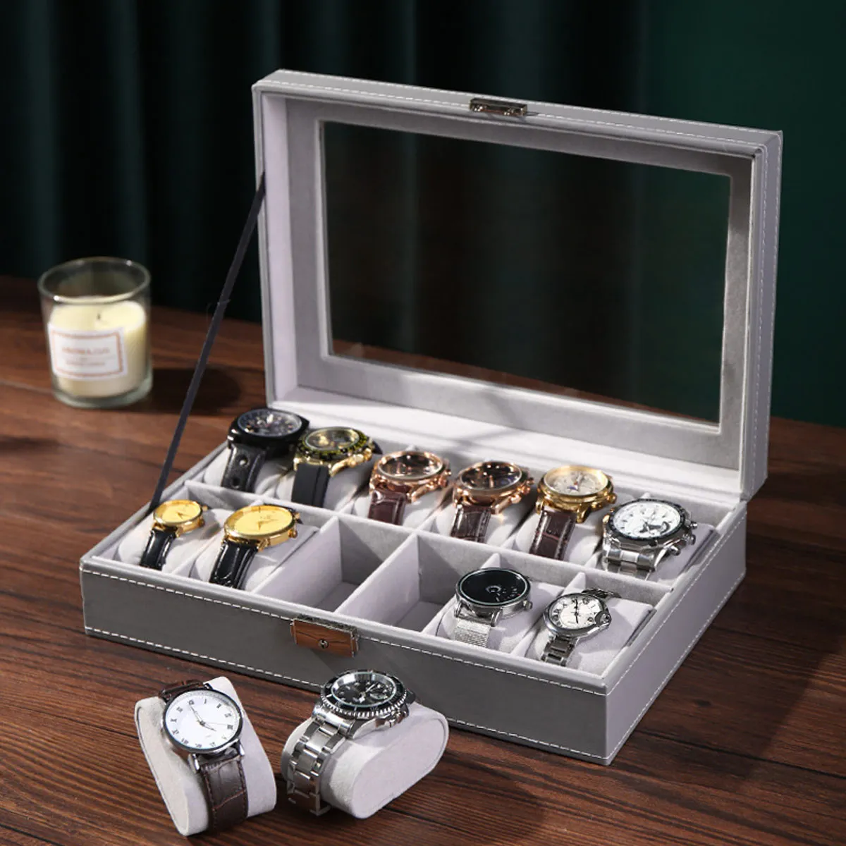 

1 шт. коробка для часов из искусственной кожи с замком, коробка для хранения часов большой емкости, коробка для демонстрации часов, с прозрачной крышкой, бархатная подкладка