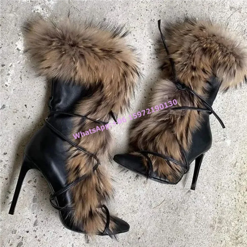 Soft Furry Winter Boots Black Brown Warm Pointy Toe Lace Up Luxury Mid Calf Boots Sexy Fashion Runway Leather Hotties Shoes