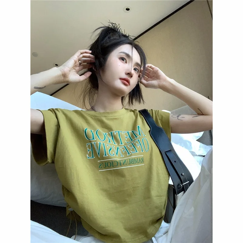 Vintage Letter Print Short Sleeve T-shirt Female Blouse 2024summer Drawstring Loose Design Niche Short Tops Women's Clothing Y2k