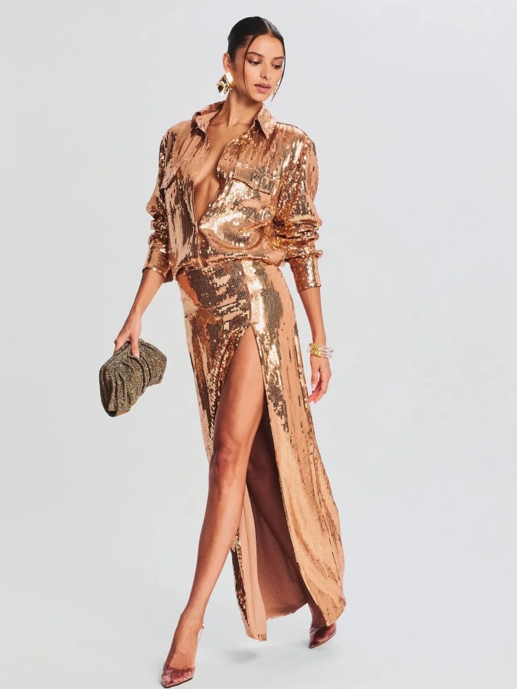 Autumn Women Sequins Two Piece Set Sexy Gold Long Sleeve Top+Long Side Slit Sequins Skirts Suits Elegant Party Evening Club Sets