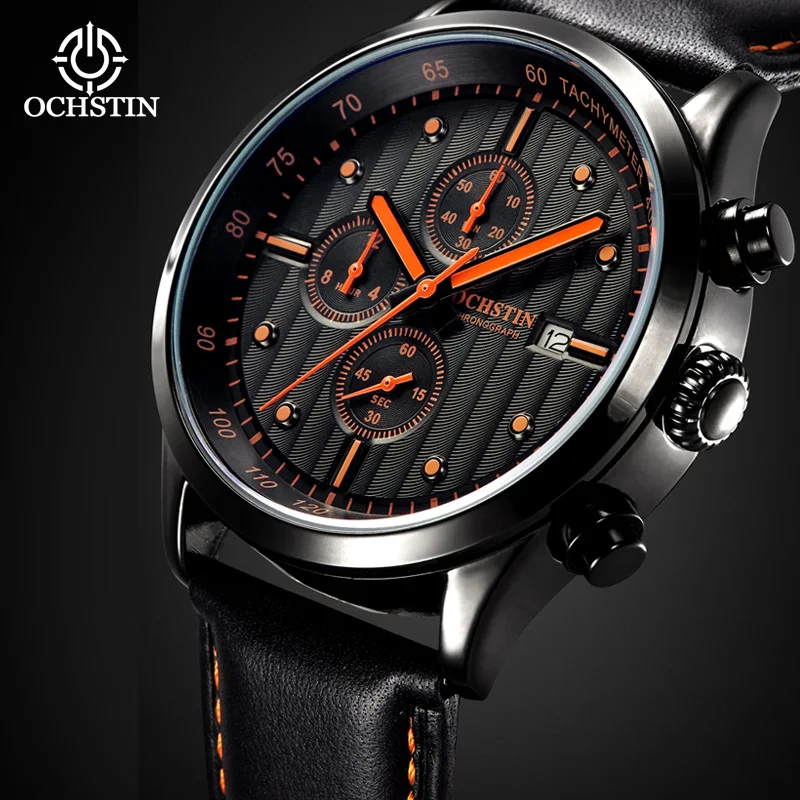 

OCHSTIN Quartz Men Watch Date Chronograph Stopwatch Leather Strap Business Male Clock Sports Military Wristwatch Reloj Hombre