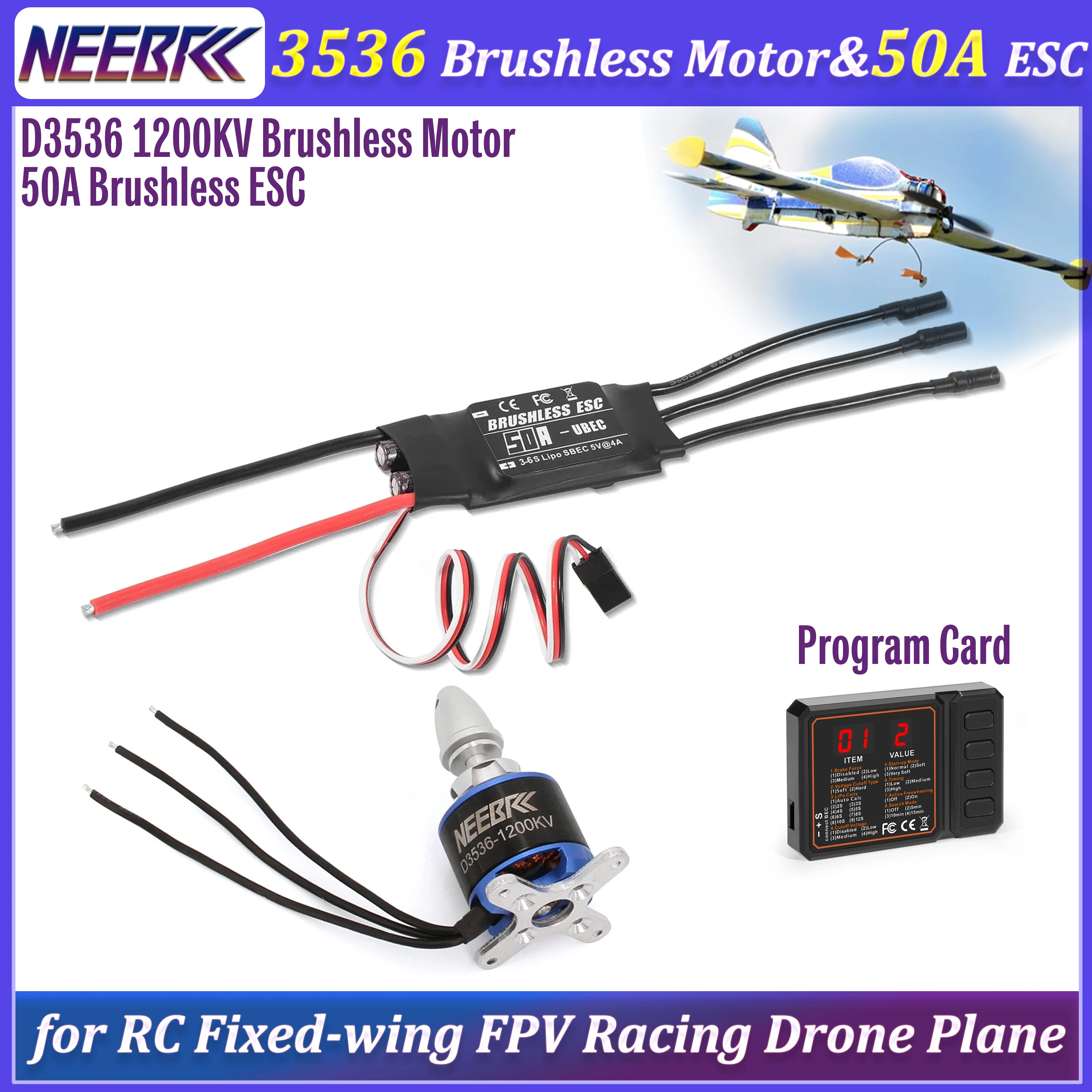 

NEEBRC 3536 1200KV Brushless Motor with 50A ESC Programming Card for RC Fixed-wing FPV Racing Drone Airplane Glider Model Parts