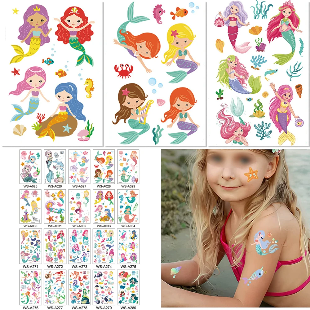 Little Mermaid Tattoo Adesivos para crianças, Cute Cartoon Mermaid, Princess Birthday Party Decor para crianças, rosto, braço, corpo, favores de maquiagem