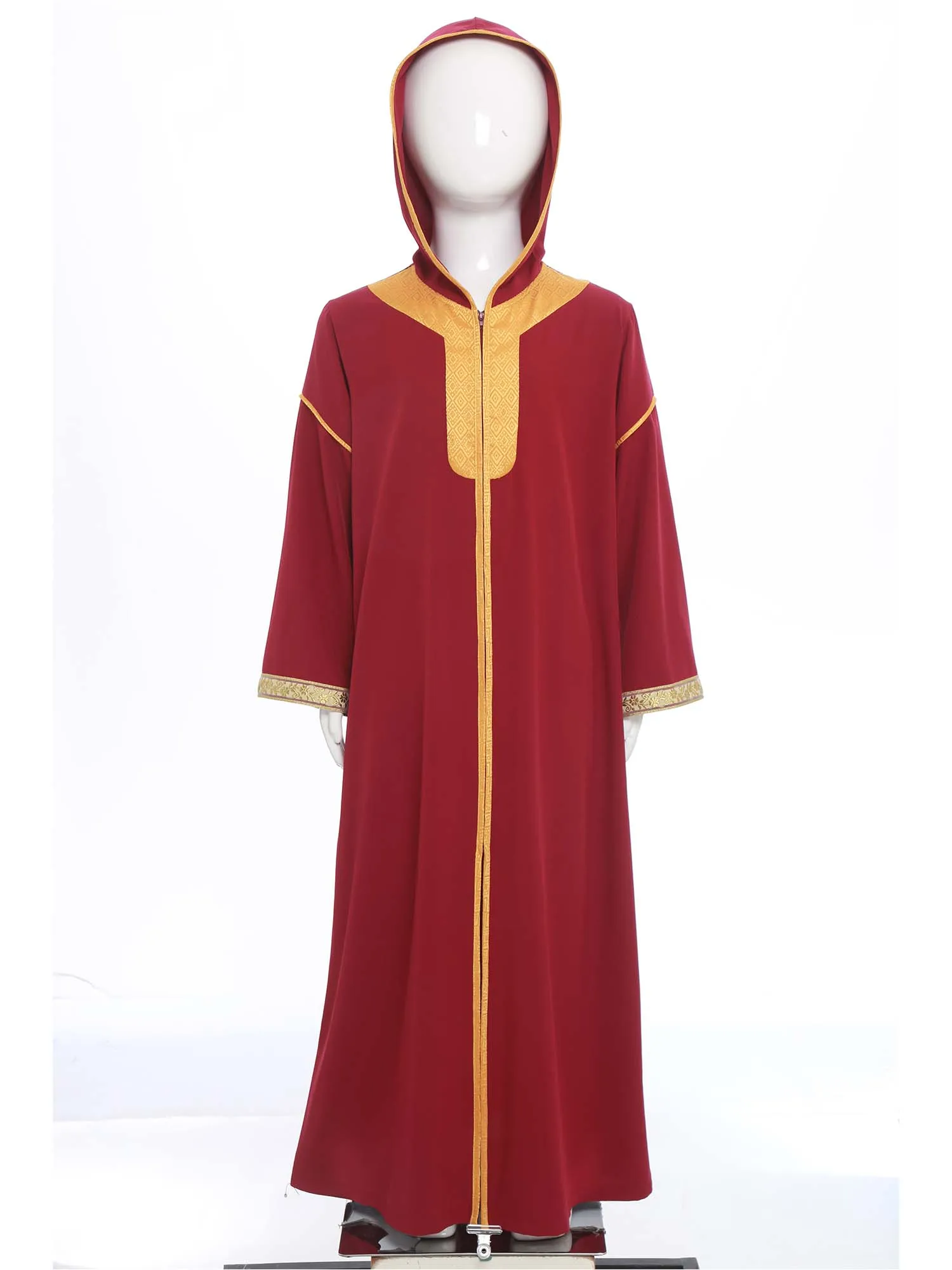 Kids Girls Muslim Robe Hooded Long Sleeves Zipped Slit Gold Embroidery Arab Gown Islamic Festival Religious Halloween Cosplay
