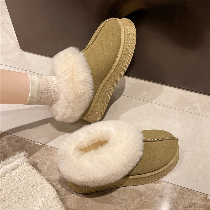

Зимние сапоги на платформе, женские модные зимние новые замшевые плюшевые тапочки на платформе с круглым носком и глубоким вырезом, нескользящие тапочки на плоской подошве