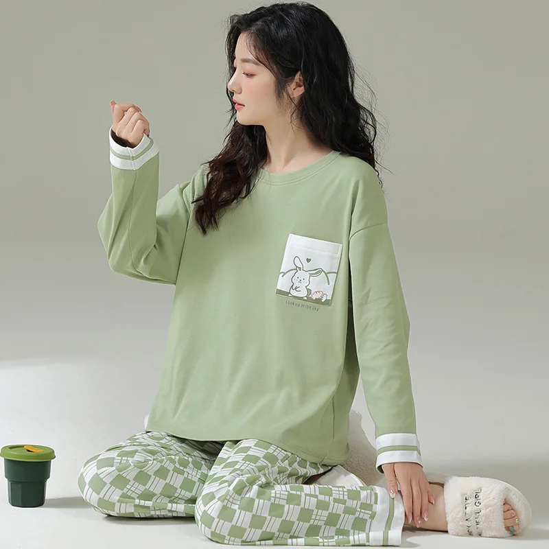 Cotton High Quality Large Size Women Four Seasons Pajamas Girl O-Neck Long-Sleeved Sweet Cute Cartoon School Homewear 2PCS/Set