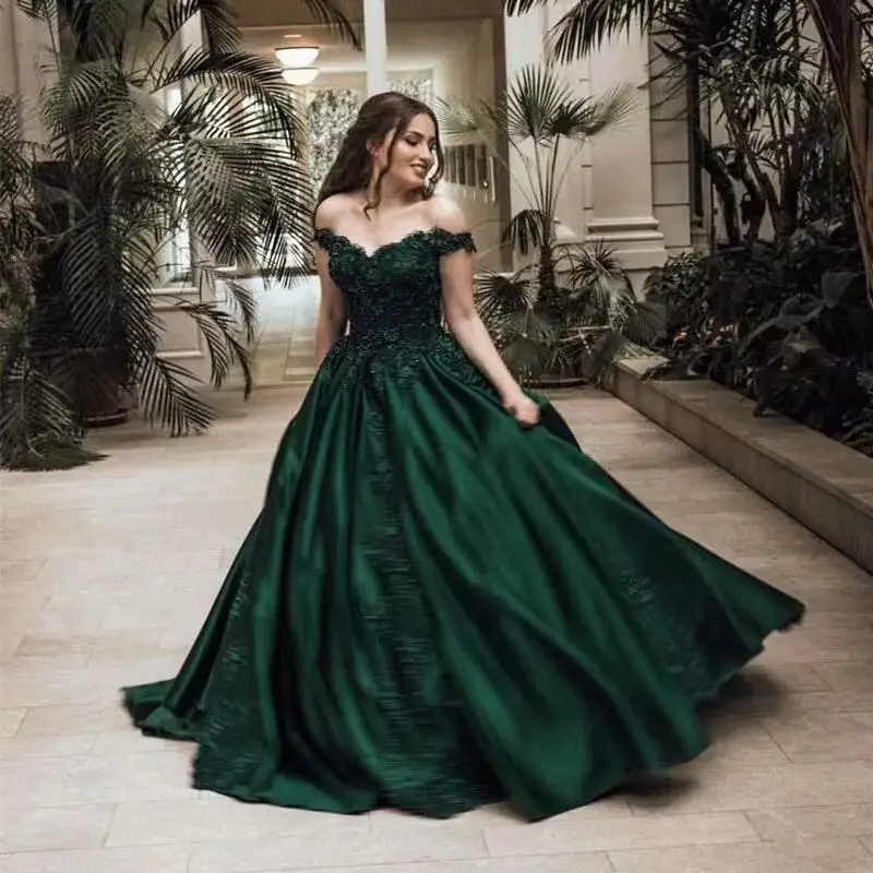 

Customized Off Shoulder Prom Gown Lace Appliques Evening Stain Green Mother Dress Woman Formal Dresses vestidos de noche