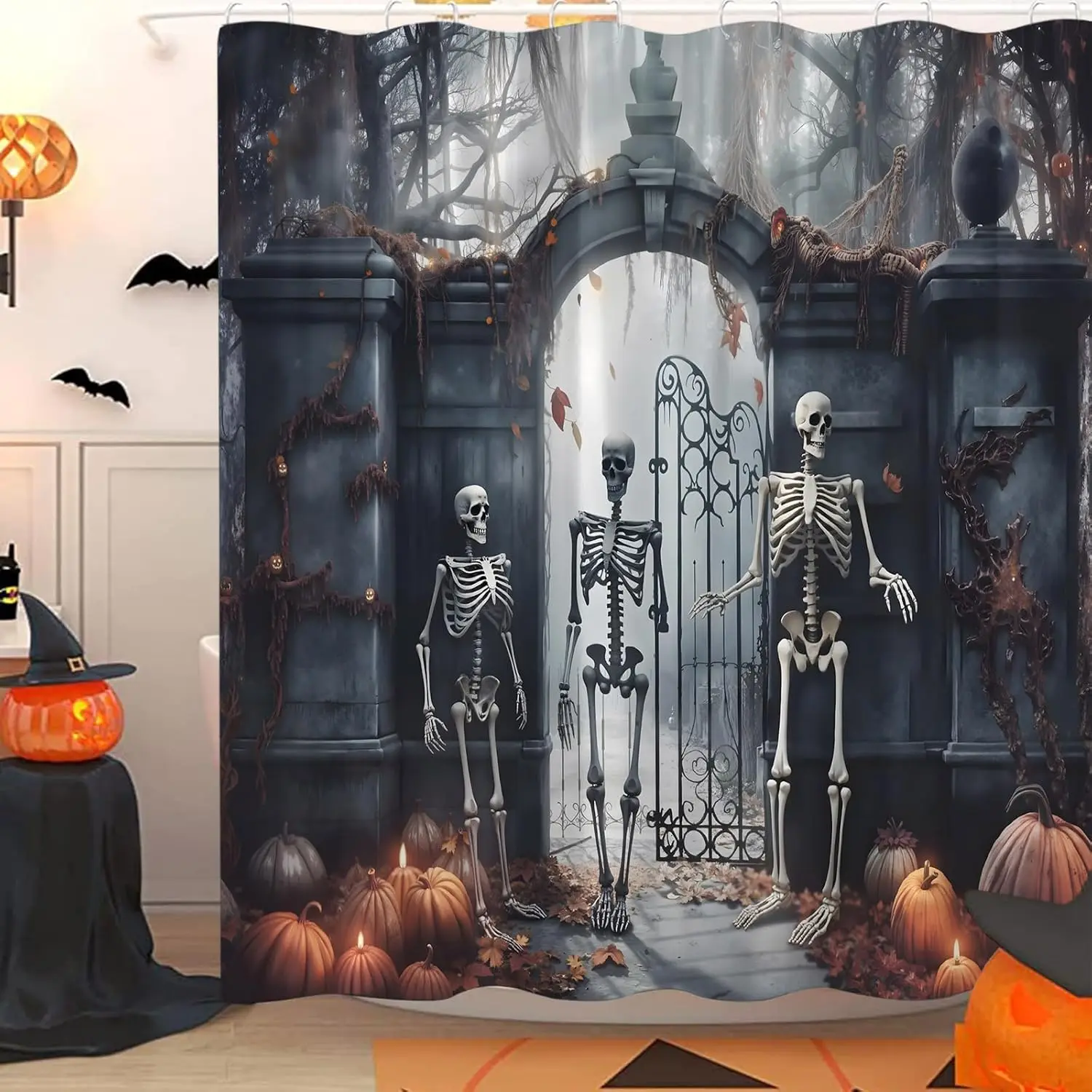 

Halloween Skeleton Shower Curtain Spooky Pumpkins Scary Skull Horror Night Creepy Haunted House Gothic Castle Funny Bath Curtain