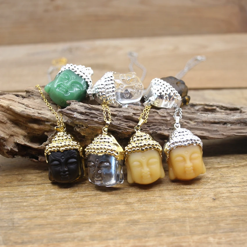 Carve Buddha head Pendants Chains,Natural Crystal Smoky Quartz Aventurine Jades Buddhism Necklace Jewelry Dropship,QC3307