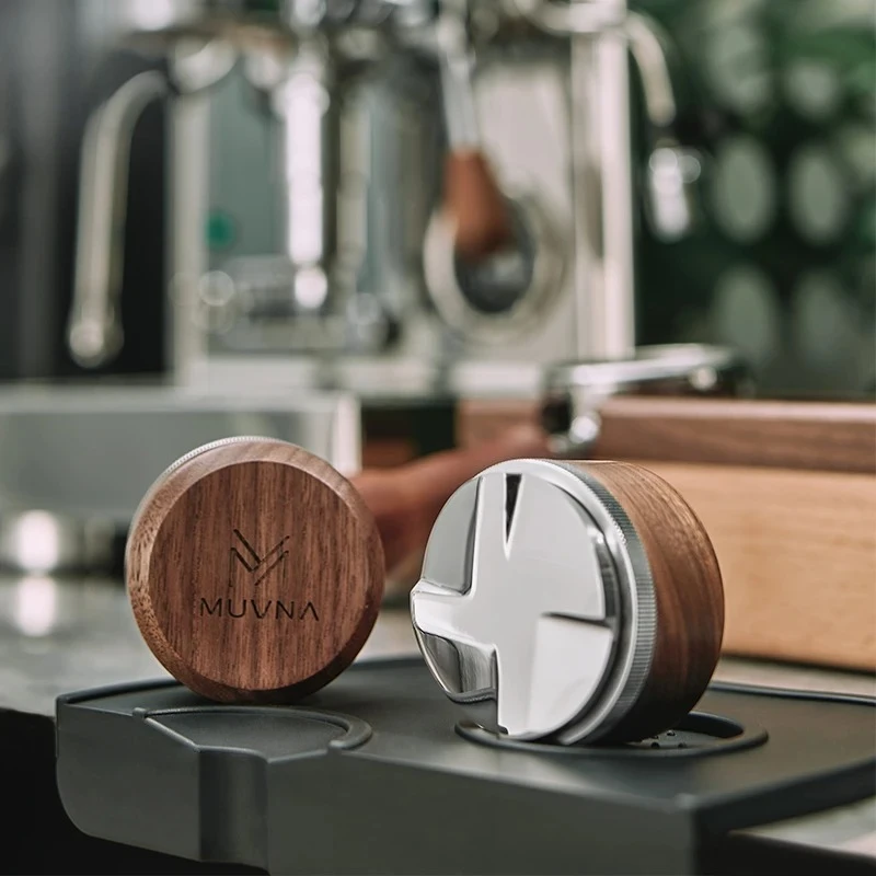 

MUVNA Espersso Wood Distributor, Stainless Steel Base and Walnut Series Handle, Height-adjustable Coffee Tamper, 51/53/58mm