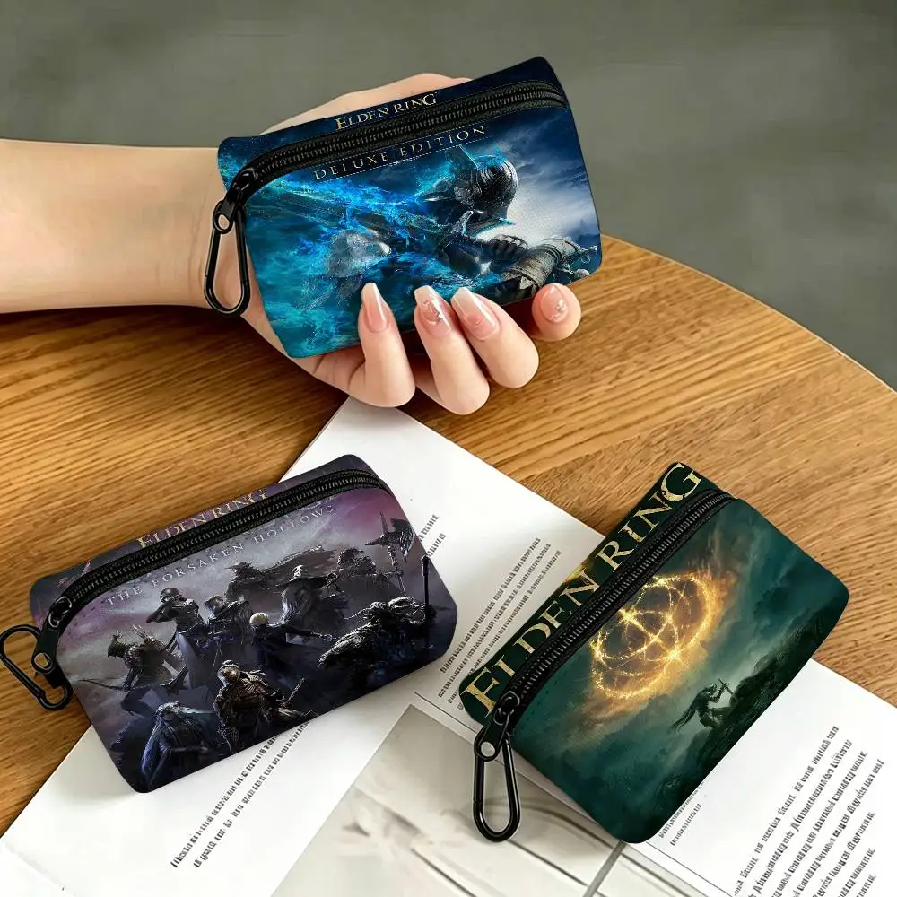 Popular Game E-Elden Art Portable Oxford Fabric Mini Wallet Carabiner Design Small Coin Bag For Cards Keys Earphones