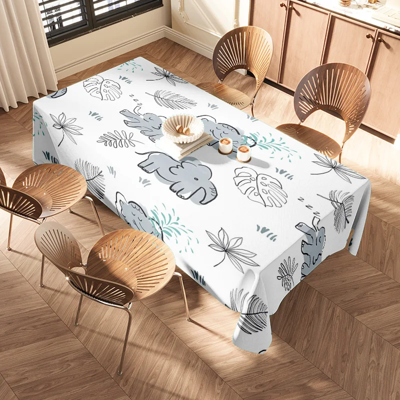 Modern Nordic Style Tablecloth Elephant Floral Print Decorative Home Textiles White Blue Green Leaves Dinner Kitchen Large Size