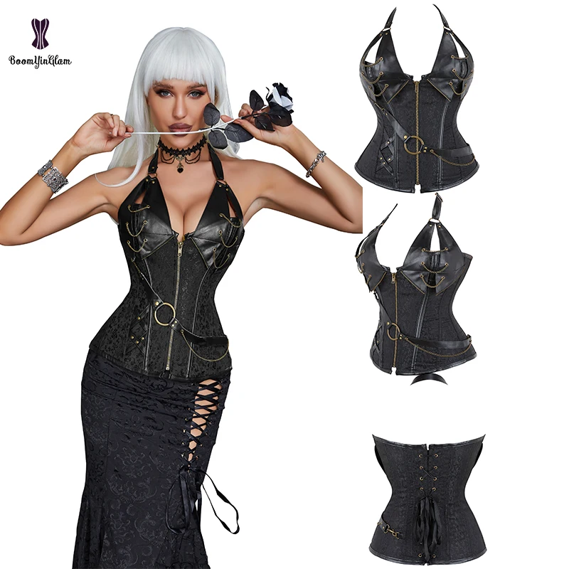 Afneembare Riem Bruin Zwart Corset Top 14 Robs Halterneck Steampunk Kleding Vrouwen Gothic Bustier Met Rits Plus Size S-6XL