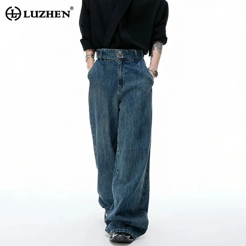 

LUZHEN модные элегантные красивые свободные прямые джинсы мужские 2025 новые высококачественные однотонные лоскутные джинсовые брюки с логотипом JY3554