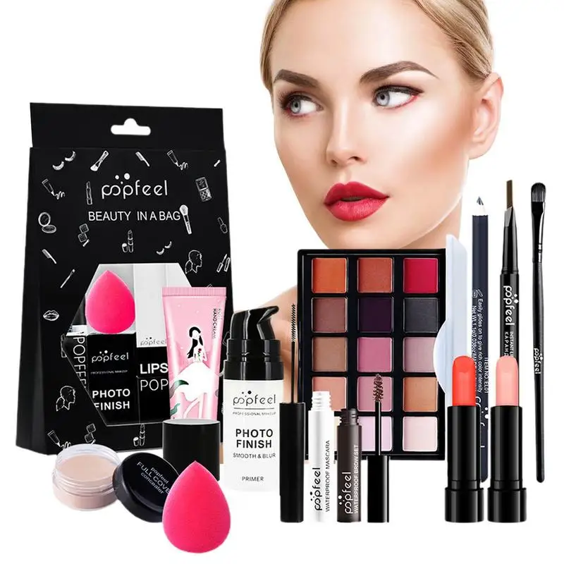 12 stücke alles in 1 Make-up-Kit 15 Farben Lidschatten-Palette Primer Gesicht Foundation Mascara Lip gloss Eyeliner Augenbrauen Bleistift Rouge machen