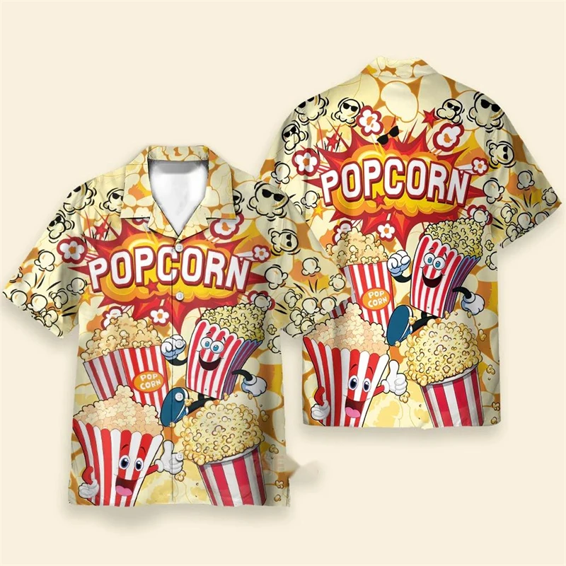 Cute Popcorn Graphic Female Blouses Funny Snack Puffed Rice Shirts For Men Kawaii Hawaiian Beach Shirt Cartoon Lapel Blouse Tops