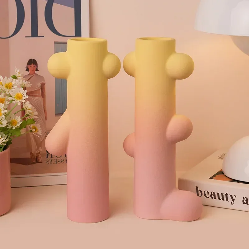 Ins Pink Yellow Gradual Change Color Ceramic Small Vase Porch Living Room Bedroom Dining Table Table Home Art Decoration