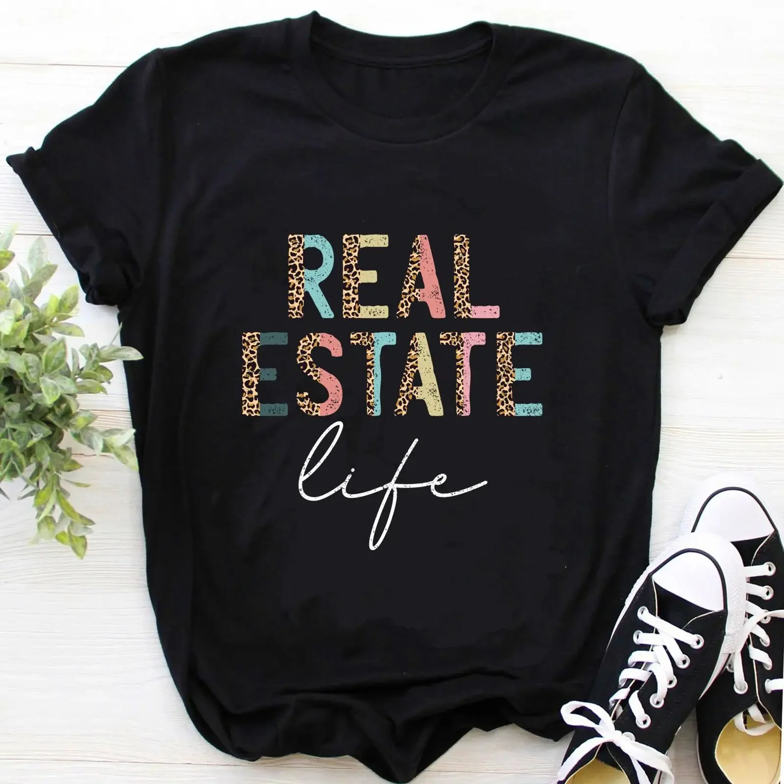 Leopard Real Estate Life T Shirt Funny Realtor Casual  for Agent vintage Washed Comfortable Stretched Slightly fashion