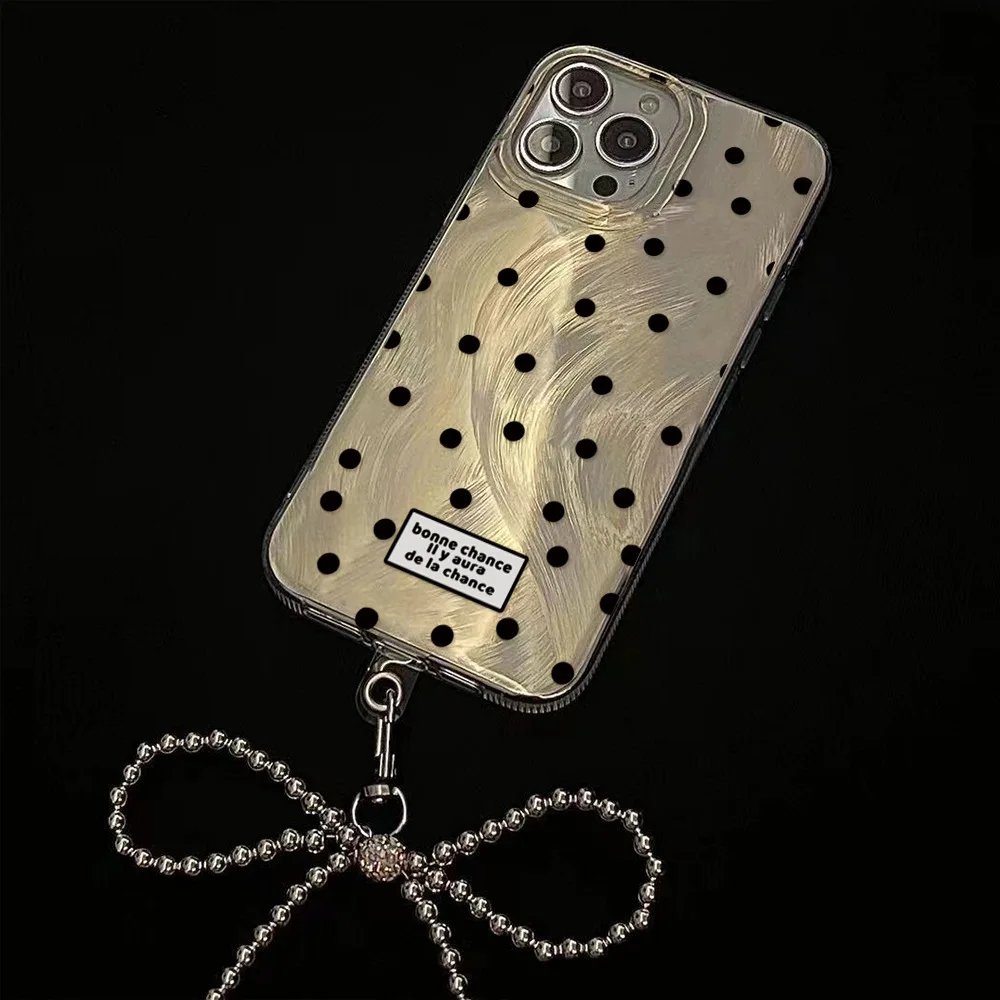 Black Dot Bow Hanging Decoration for Iphone16 Pro Max Series Mobile Phone Case Hard Shell PC Material Mobile Phone Bag