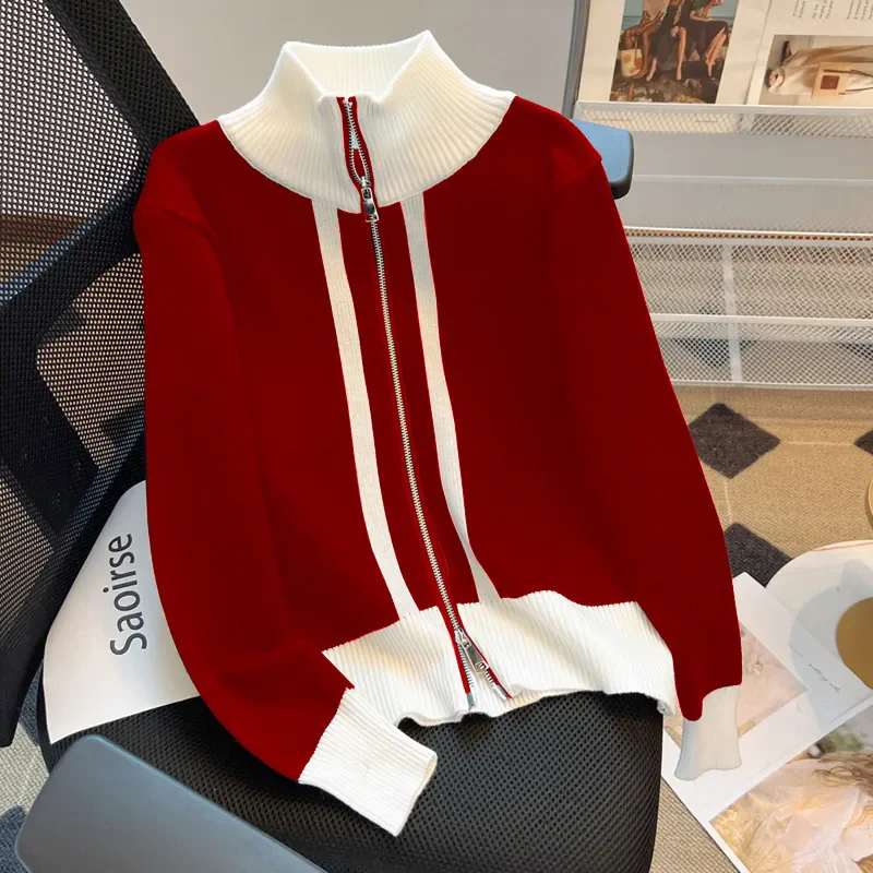 Maglione pullover a collo alto da donna contrasto autunno inverno nuova moda design ampio senso colore cerniera cardigan lavorato a maglia maglione top