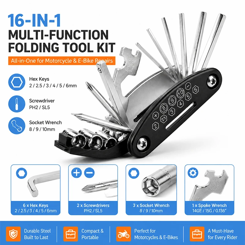 16-in-1 Multifunctional Foldable Repair Tool Kit Hex Screwdriver Set for Motorcycle Electric Bike Maintenance