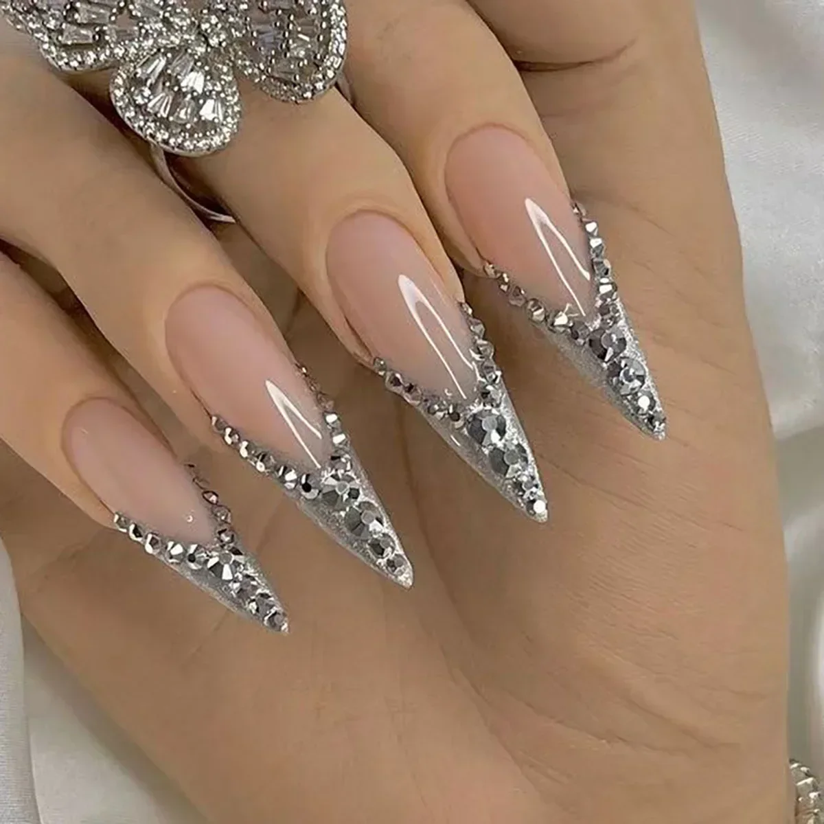 Faux ongles longs à pression aiguille, 24 pièces, étoile rose, avec colle strass, couverture complète, manucure portable, pointes d'art