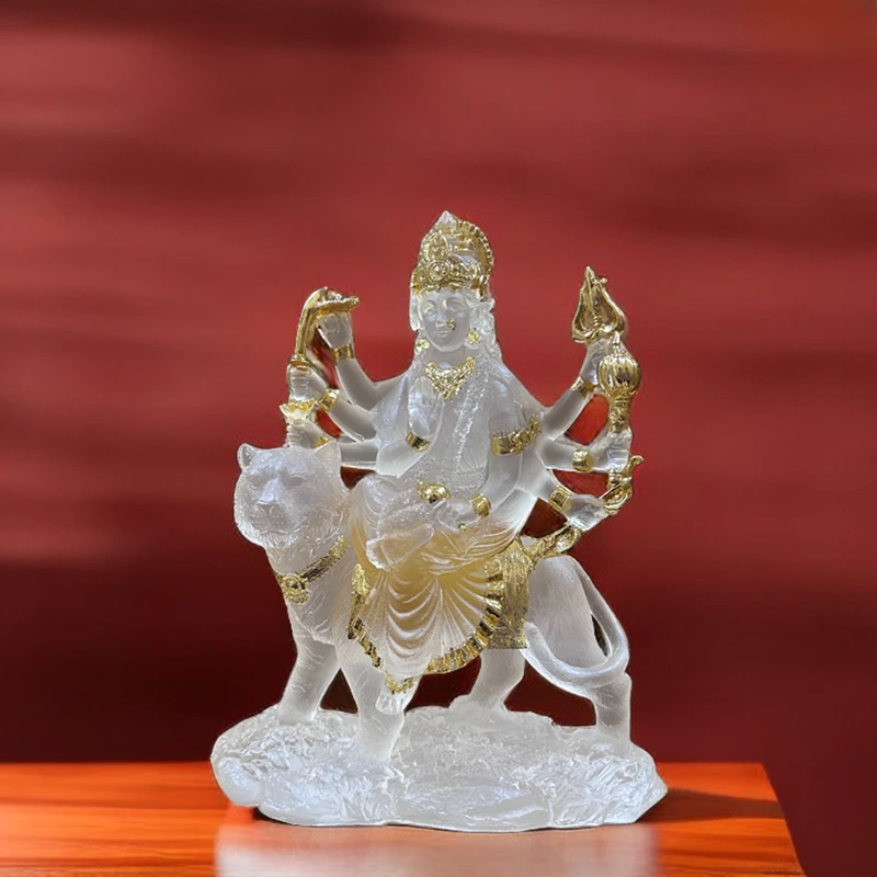 Indian Statue of Difficult To Approach Mother Durga Riding A Tiger and Lion Offering Resin Water Glass Ornament