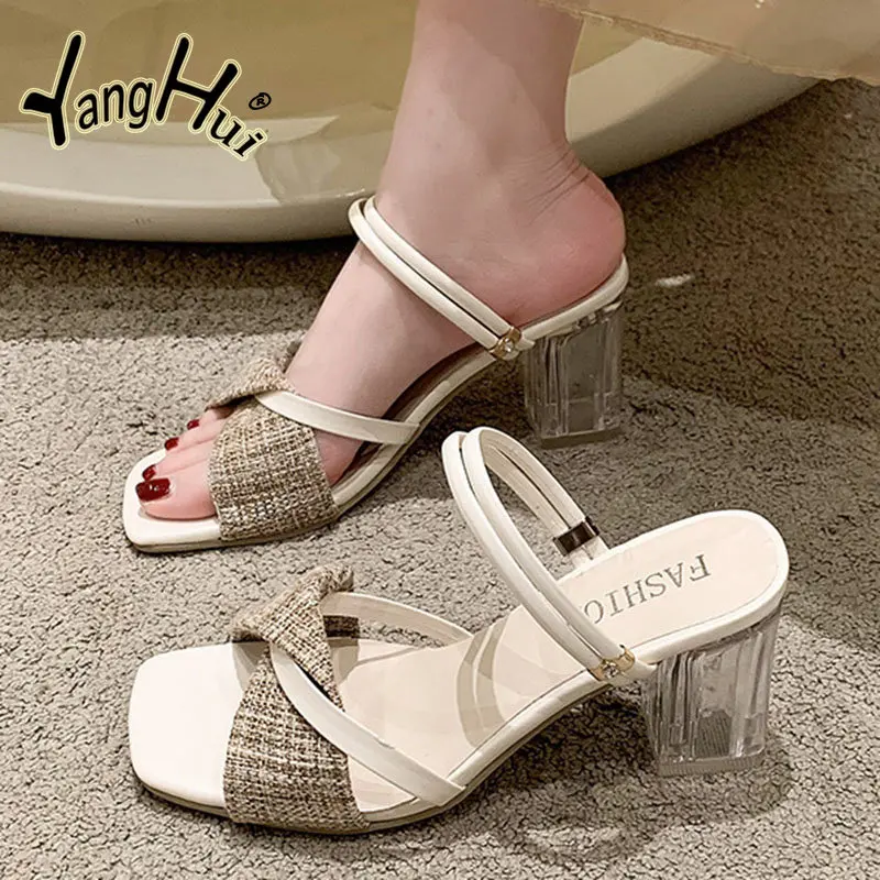 Sandalias de tacón alto grueso de estilo coreano japonés, sandalias de mujer con cabeza cuadrada Simple a la moda, Color a juego para verano 2023