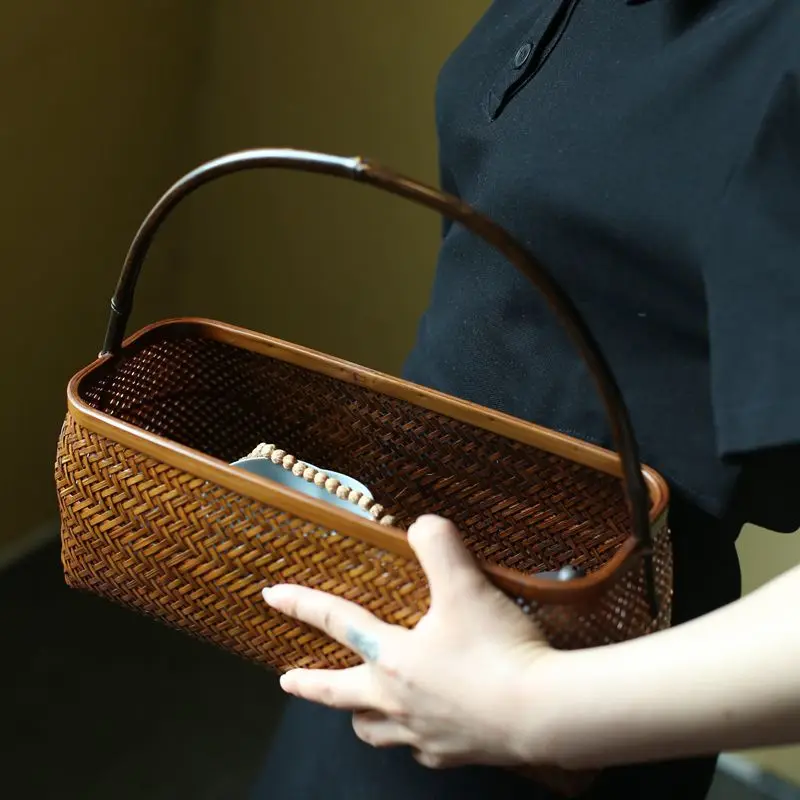 Lacquer handmade bamboo storage basket, tea ceremony accessories, tea set storage box, retro Zen new Chinese fruit basket