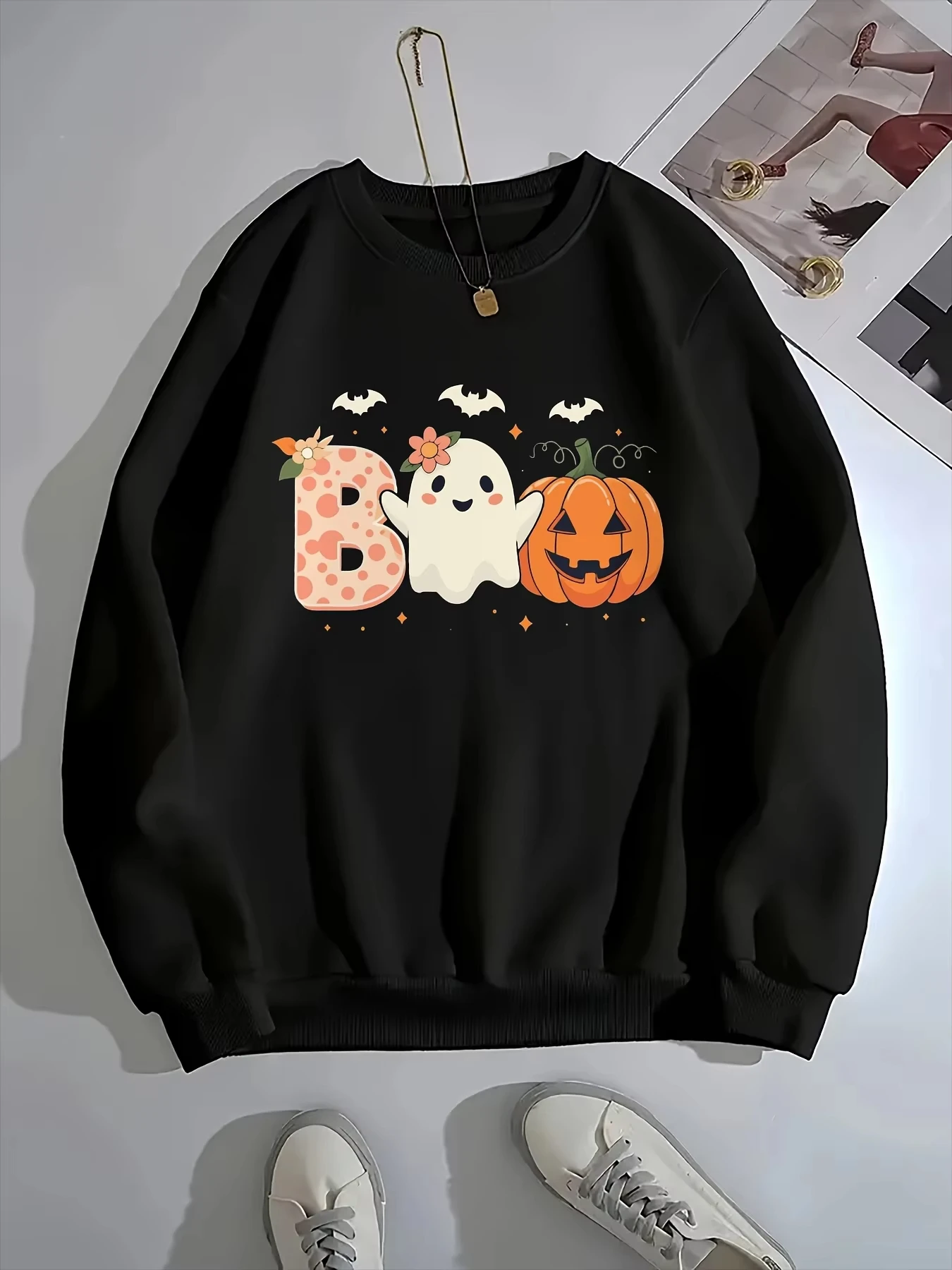 Kapuzenpullover mit Geistermuster, geeignet für Damen, Halloween-Stil, Herbst-Winter-Mode, bequem, Rundhalsausschnitt, Freizeitkleidung