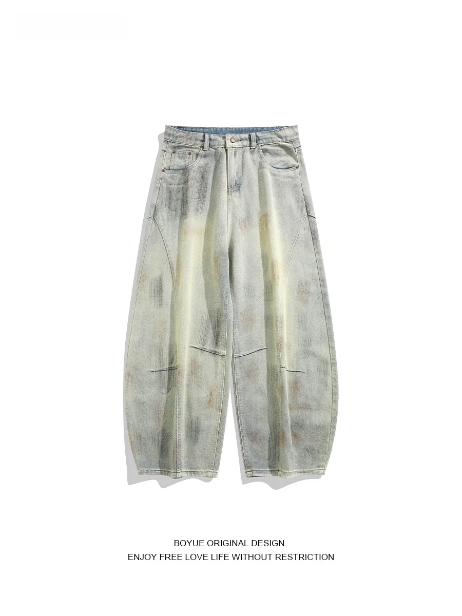 

Джинсы Boyue в американском ретро-стиле, уличный хип-хоп, с изогнутыми штанинами, эффектом потертости и окрашивания, повседневные длинные брюки для мужчин и женщин