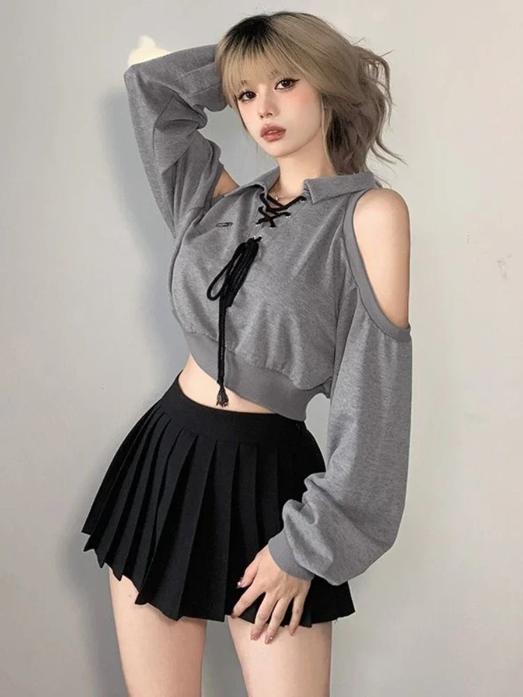 

Deeptown Y2K Vintage Gray Cropped Hoodies Women Harajuku Sexy Off Shoulder Sweatshirts Korean Loose Casual Chic Tops Gothic Kpop