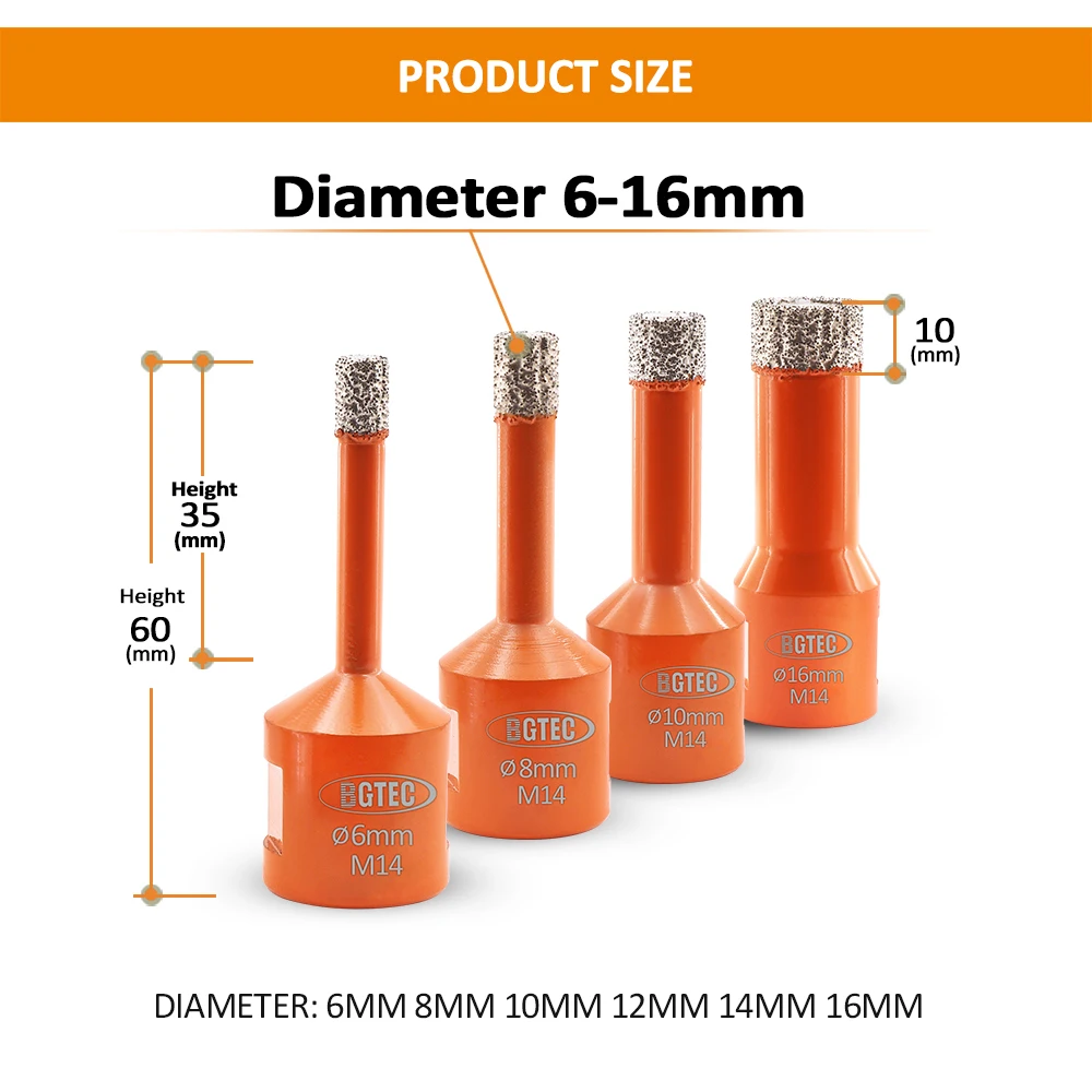 مجموعة لقم ثقب ماسية من BGTEC ، تيجان حفر ، بلاط ، بورسلين ، سيراميك ، رخام ، منشار ثقب ، خيط M14 ، فاتحة ثقب ، 6-16 ، 2