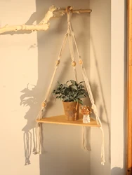 Triangle Floating Wall Shelf 1/2/3-Tier Wooden Wall Shelves Hanging Corner Display Stand with Wood Bead Boho Rustic Home Decor