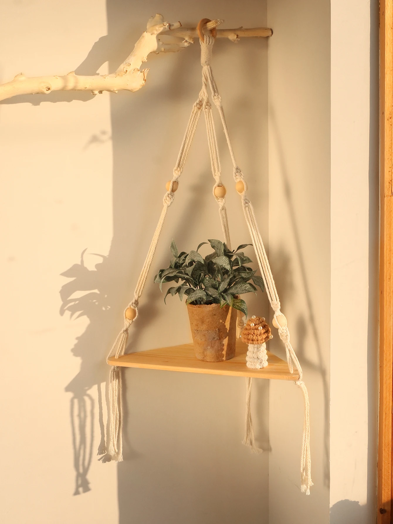 Triangle Floating Wall Shelf 1/2/3-Tier Wooden Wall Shelves Hanging Corner Display Stand with Wood Bead Boho Rustic Home Decor