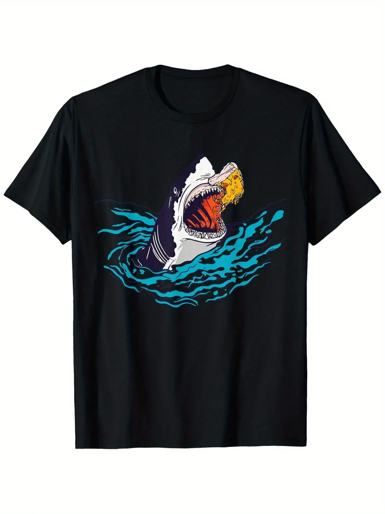 

Shark Eating Pizza Graphic Tee Men Cotton Short Sleeve Casual Round Neck T-Shirt Trip