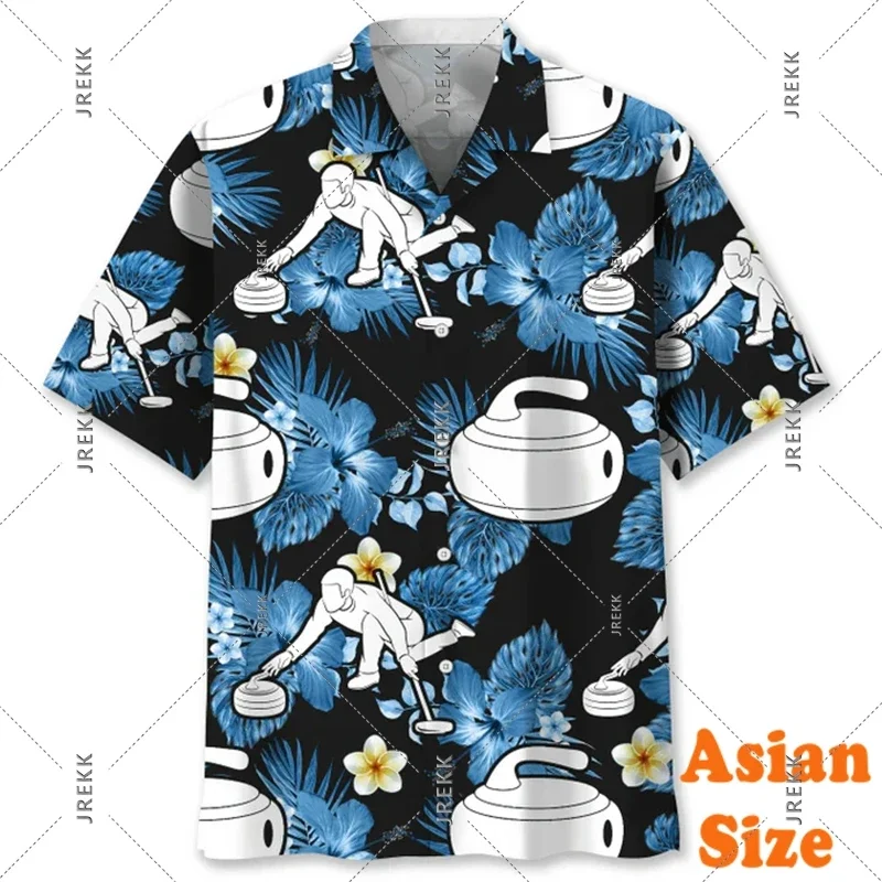 

Curling Hobby Hawaii Funny Shirt Men's Clothing Retro Plant Pattern Button Shirts Novelties 2025 Summer Street Lapel Men Blouse
