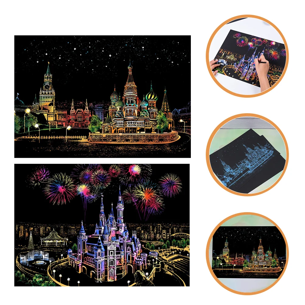2 Sets Scratch Painting Night View Paper Sketch Board Toy and Crafts for Adults Children’s Toys