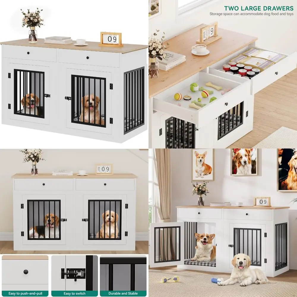 

Деревянный ящик для собак YITAHOME 60, мебель со съемным перегородкой и ящиками для хранения, двухдверный питомник с замками для среднего и La