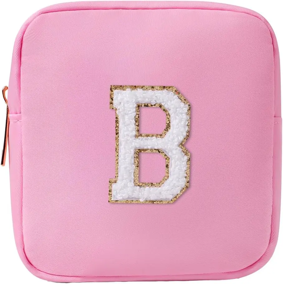 Borsa per il trucco rosa carina iniziale personalizzata regalo di compleanno con monogramma per donne e ragazze, borsa per cosmetici Preppy con