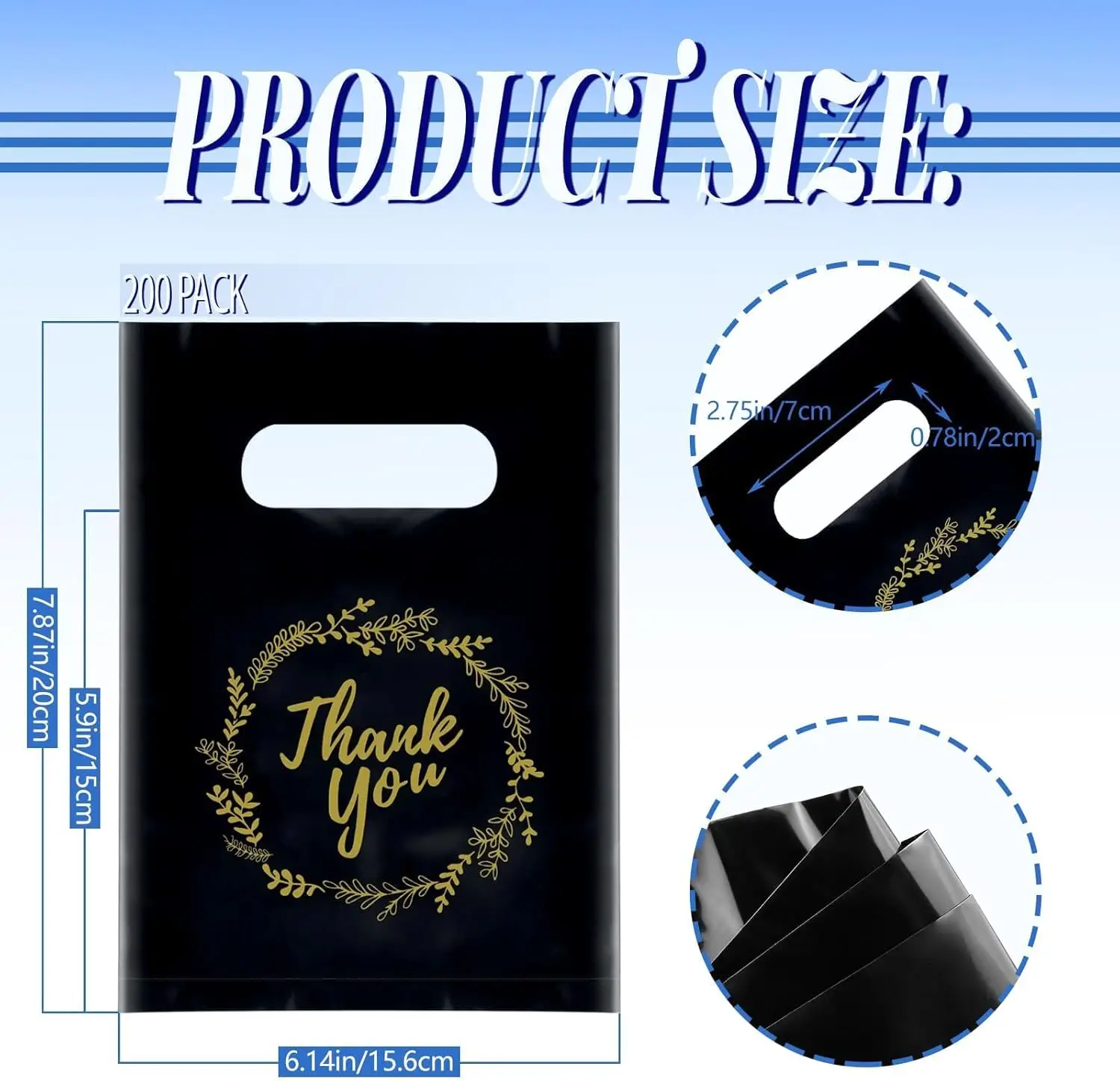 200 PCS Small Thank You Bags, 8' X 6', Black Plastic Shopping Bags Bulk Cute Retail Thank You Gift Bag Party Favor Goodie Bag Fo