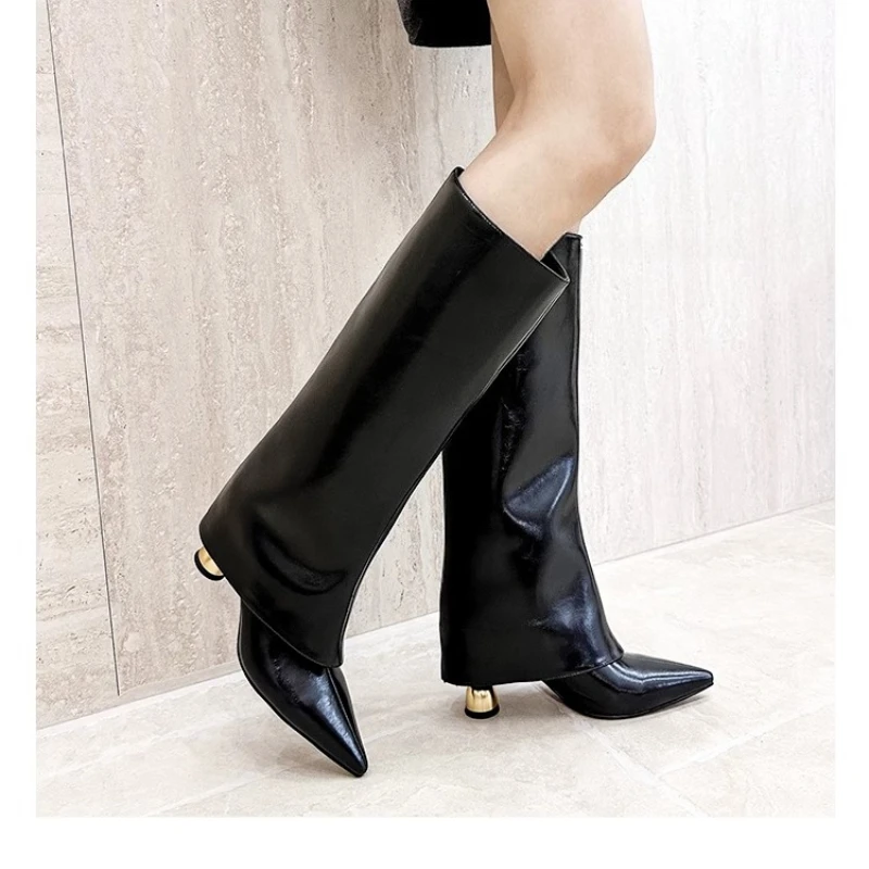 Chunk Leather High Boots Women Knee High Pointer Toe Heels Shoes Woman Trend Chelsea Boots New Pumps Mujer Snow Gladiator Botas