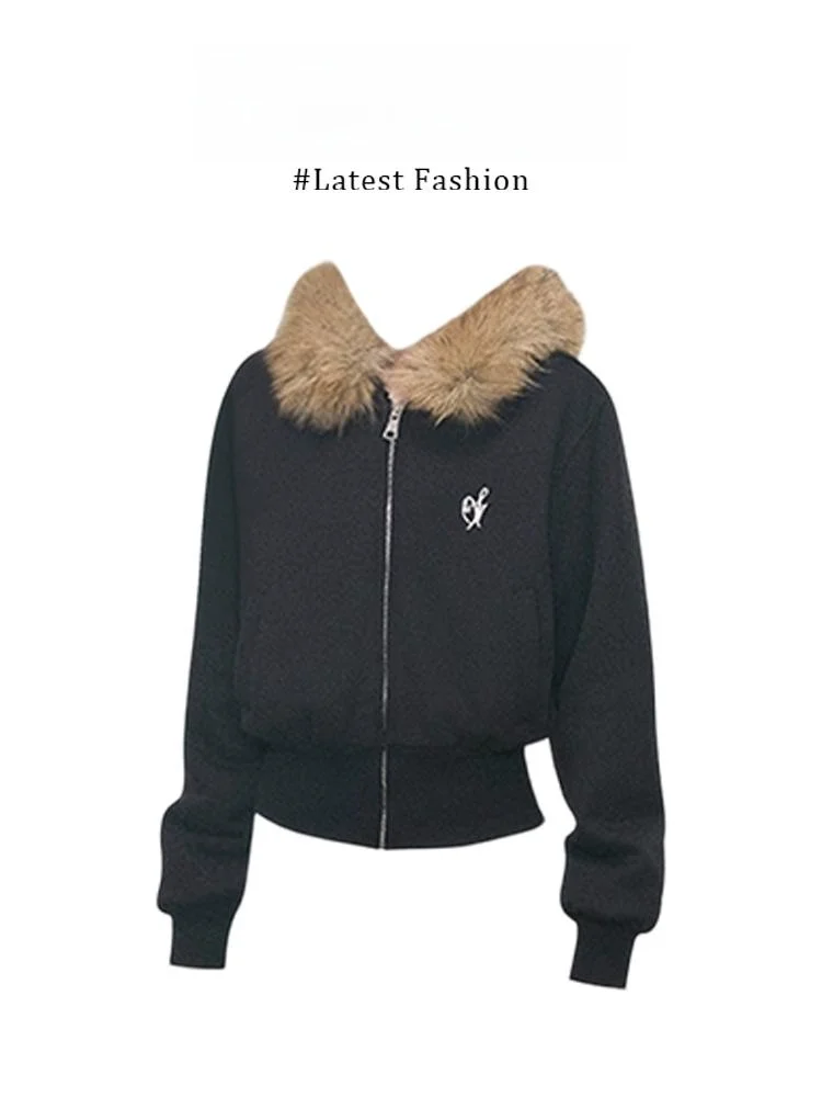 Marie American Style Hooded Jacket with Large Fur Collar Zipper Sweatshirt Outerwear Turn up Design Bootcut Pants Winter Casual