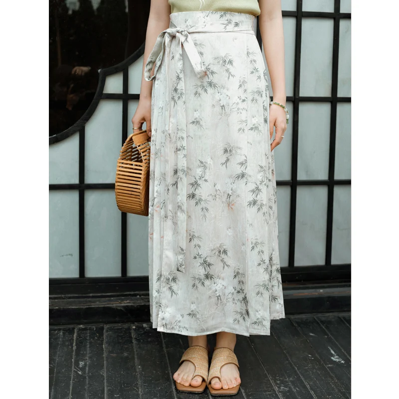 OLrain Women 2026 Summer Midi Skirt Printed Chinese Style Pleated A Line High Waist Elegant Wrap Skirt Daily Commute O24XB91869