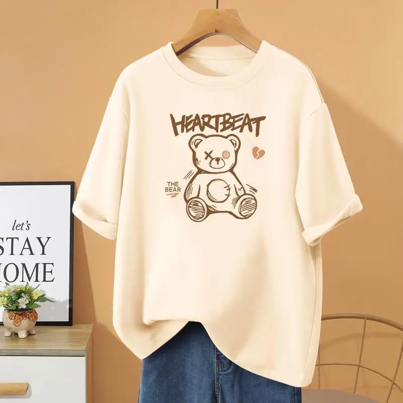 Summer Basic Y2k Cartoon Printed Short Sleeve Top Tee, Casual Loose 100% Cotton Pullovers, Women Clothing Fashion O-neck T-shirt