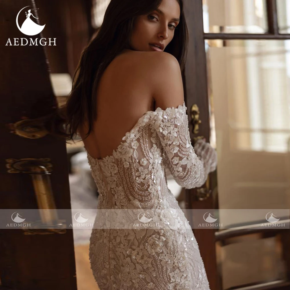 Aedmgh sirène robes De mariée Sexy hors De l'épaule robe De Novia dentelle perlée détachable Train sur mesure robes De mariée