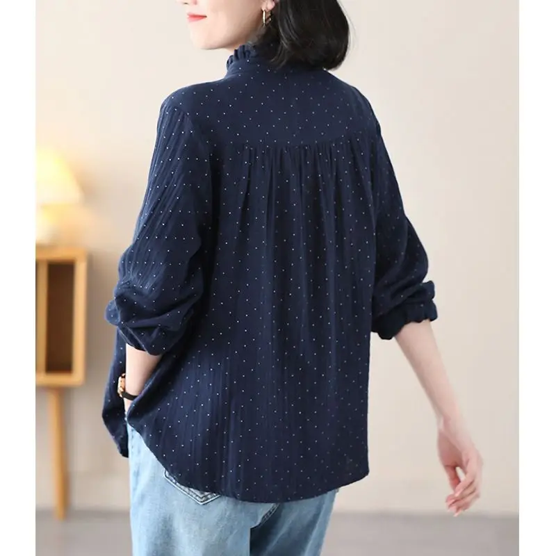 New Trade Polka Dot Ladies High-grade Overwear Thin Casual Wood Ear Collar Long Sleeve Double Cotton Shirt Spring Autumn Outwear