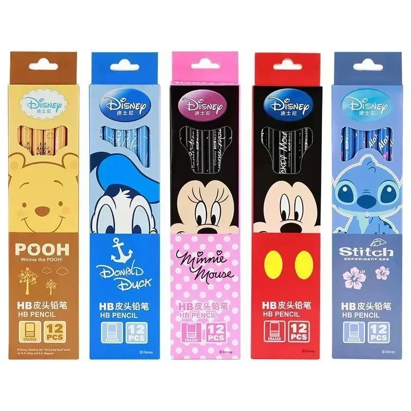 New Disney HB Pencil with Eraser Cartoon Mickey Minnie Stitch Princess Painting Pencil Learning Stationery Kids Student Gift