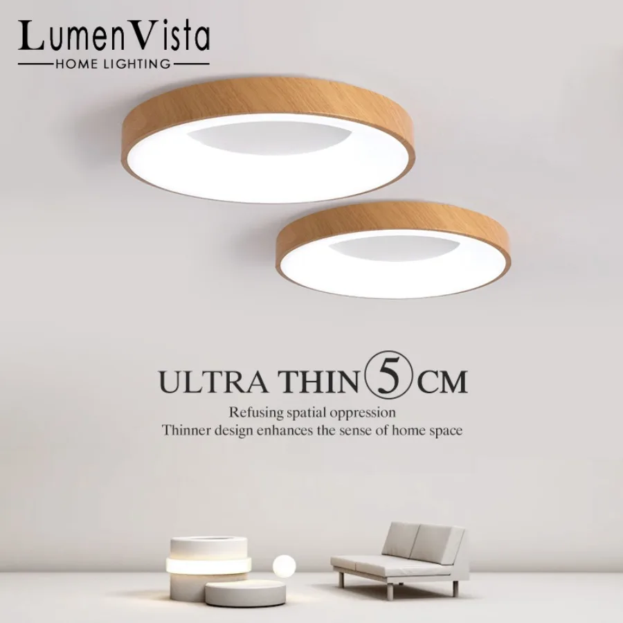 Plafonnier LED Circulaire Ultra-Mince en Bois au Design Nordique Moderne, Luminaire Décoratif d'Nik, Idéal pour un Salon, une Cuisine ou une Chambre à Coucher